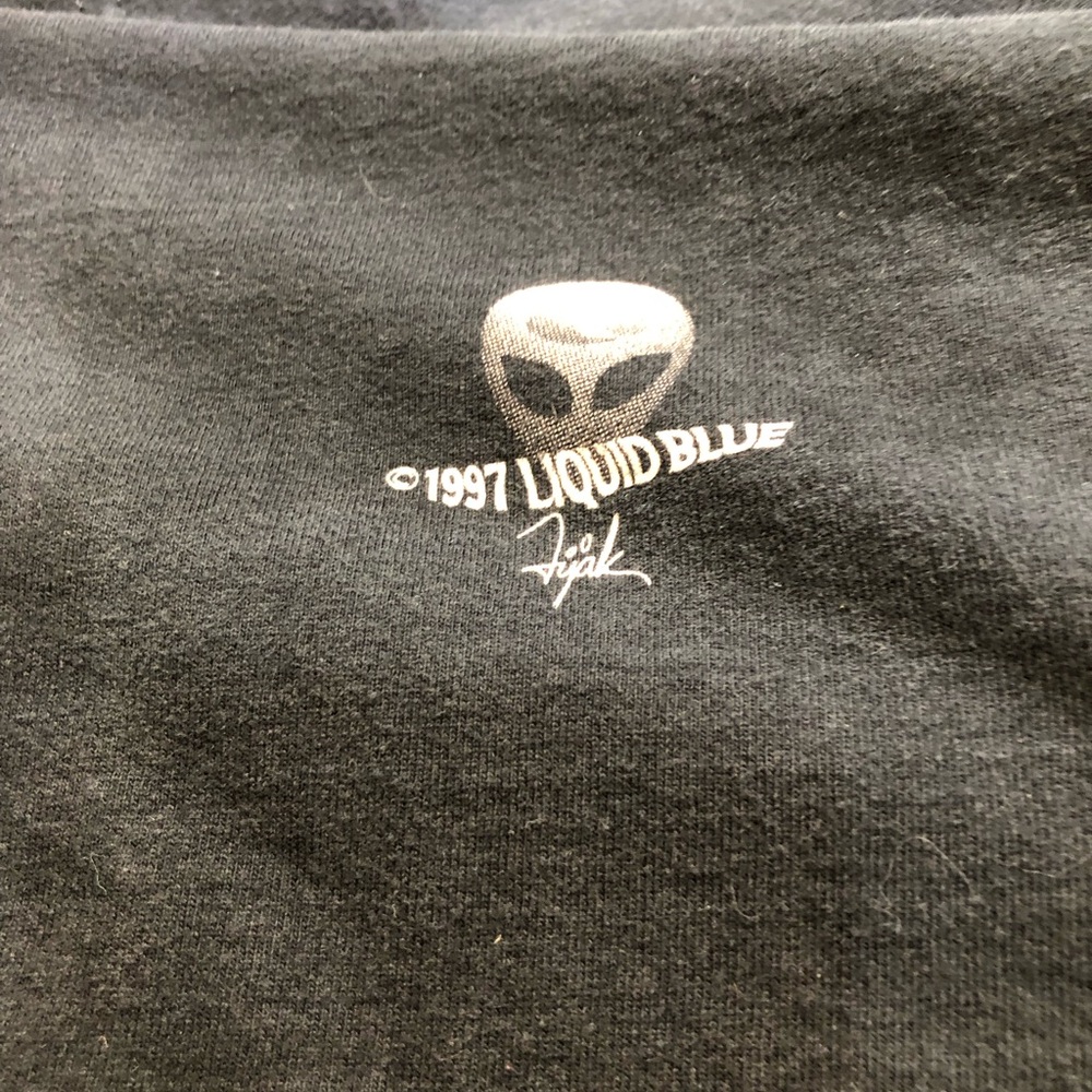 Vintage 1997 Liquid Blue Alien Guitar T-shirt  XL 2 Sided USA Tee 3 Finger Joe - Picture 9 of 12